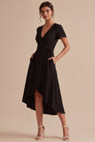 High Low Black A Line V Neck Midi Dress with Short Sleeves
