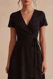 High Low Black A Line V Neck Midi Dress with Short Sleeves