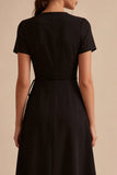 High Low Black A Line V Neck Midi Dress with Short Sleeves