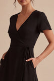 High Low Black A Line V Neck Midi Dress with Short Sleeves