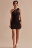 One Shoulder Ruched Black Bodycon Mini Dress