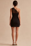 One Shoulder Ruched Black Bodycon Mini Dress