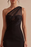 One Shoulder Ruched Black Bodycon Mini Dress