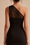 One Shoulder Ruched Black Bodycon Mini Dress