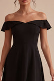 Off the Shoulder Black High Low A Line Mini Dress