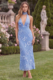 Halter Sage Mermaid Floral Wedding Guest Dress with Scarf