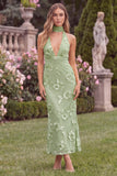 Halter Sage Mermaid Floral Wedding Guest Dress with Scarf