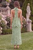 Halter Sage Mermaid Floral Wedding Guest Dress with Scarf
