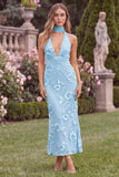 Halter Sage Mermaid Floral Wedding Guest Dress with Scarf