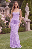 Lilac Floral Square Neck Mermaid Wedding Guest Dress with Scarf