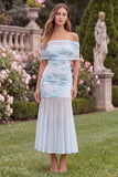 Off the Shoulder Baby Blue Mermaid Floral Wedding Guest Dress