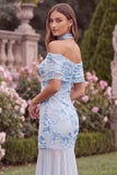 Off the Shoulder Baby Blue Mermaid Floral Wedding Guest Dress
