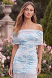 Off the Shoulder Baby Blue Mermaid Floral Wedding Guest Dress