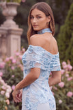 Off the Shoulder Baby Blue Mermaid Floral Wedding Guest Dress