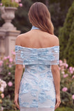 Off the Shoulder Baby Blue Mermaid Floral Wedding Guest Dress