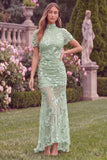 Sage High Neck Mermaid Floral Wedding Guest Dress with Short Sleeves
