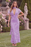 Lilac V-Neck Mermaid Floral Wedding Guest Dress with Scarf