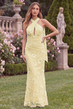 Floral Halter Daffodil Mermaid Wedding Guest Dress with Scarf