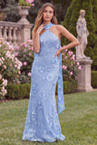 Mermaid Halter Blue Floral Wedding Guest Dress with Scarf