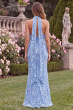 Mermaid Halter Blue Floral Wedding Guest Dress with Scarf