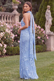Mermaid Halter Blue Floral Wedding Guest Dress with Scarf