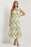 One Shoulder Sage Floral Wedding Guest Dress with Bow