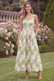 Sage Square Neck A Line Floral Wedding Guest Dress
