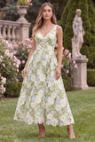 Floral V-Neck A Line Sage Wedding Guest Dress