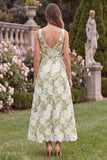 Floral V-Neck A Line Sage Wedding Guest Dress