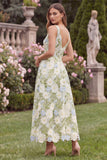 Floral V-Neck A Line Sage Wedding Guest Dress