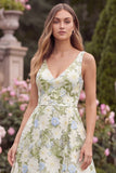 Floral V-Neck A Line Sage Wedding Guest Dress