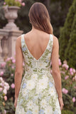 Floral V-Neck A Line Sage Wedding Guest Dress