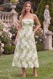 Strapless A Line Floral Sage Midi Wedding Guest Dress
