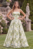 Sage Floral Strapless A Line Long Wedding Guest Dress