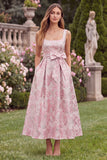 Pink Square Neck Jacquard Wedding Guest Dress with Sash