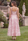 Pink Square Neck Jacquard Wedding Guest Dress with Sash