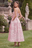 Pink Square Neck Jacquard Wedding Guest Dress with Sash