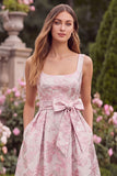 Pink Square Neck Jacquard Wedding Guest Dress with Sash