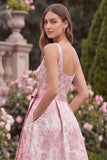 Pink Square Neck Jacquard Wedding Guest Dress with Sash