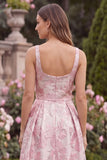 Pink Square Neck Jacquard Wedding Guest Dress with Sash