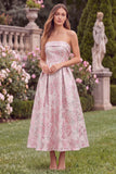 Strapless Jacquard A Line Pink Wedding Guest Dress
