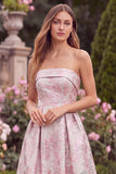 Strapless Jacquard A Line Pink Wedding Guest Dress