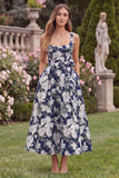 Navy Square Neck Jacquard Wedding Guest Dress with Bow