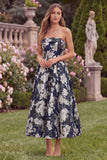 Jacquard Strapless Navy Floral Wedding Guest Dress