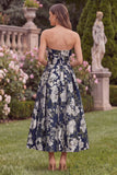 Jacquard Strapless Navy Floral Wedding Guest Dress