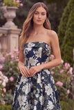 Jacquard Strapless Navy Floral Wedding Guest Dress