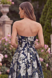Jacquard Strapless Navy Floral Wedding Guest Dress