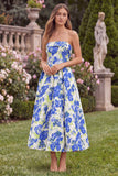 Floral Jacquard Strapless Blue Wedding Guest Dress