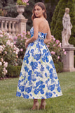 Floral Jacquard Strapless Blue Wedding Guest Dress