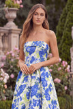 Floral Jacquard Strapless Blue Wedding Guest Dress